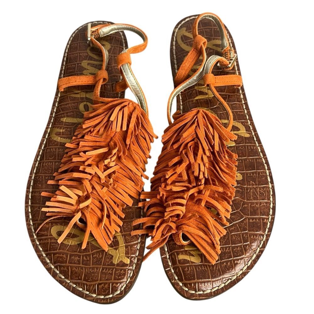 Sam Edelman Gela Sandals Womens 8.5M Orange Suede Fringe Flat T-Strap Shoes